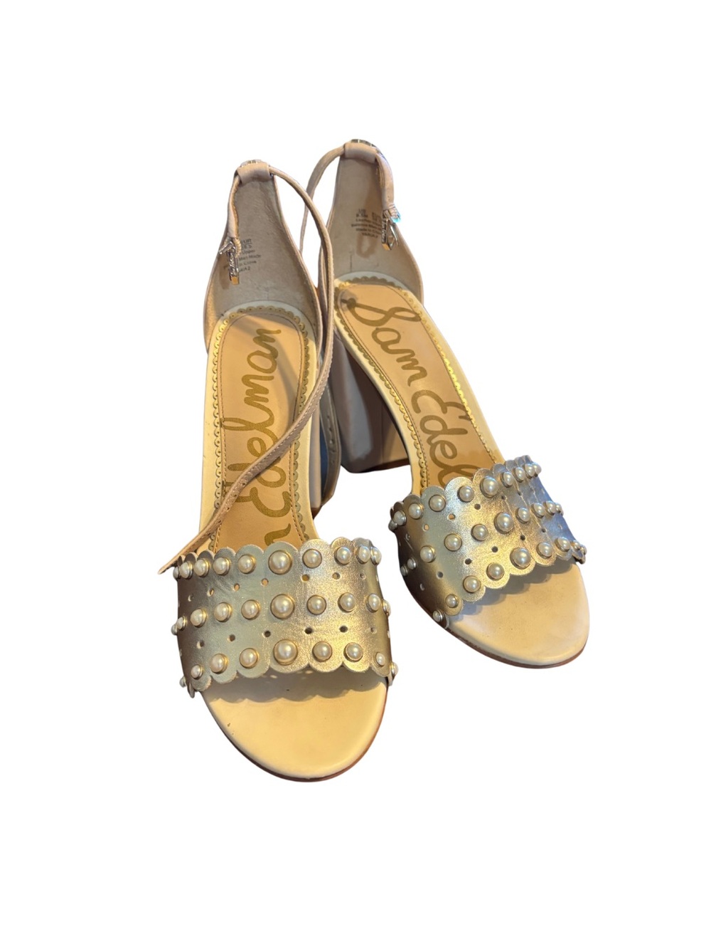 Sam Edelman Gold Pearl-Stud Scalloped Block Heel Sandals